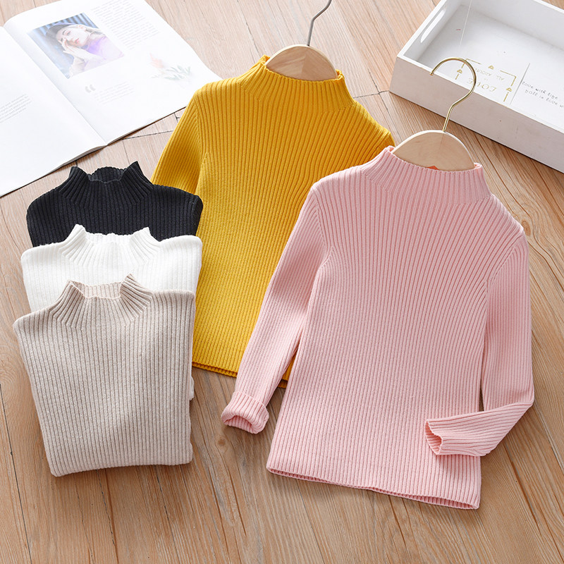 女童毛衣秋冬新款红色冬季大童半高领加绒黄色打底白色儿童针织衫