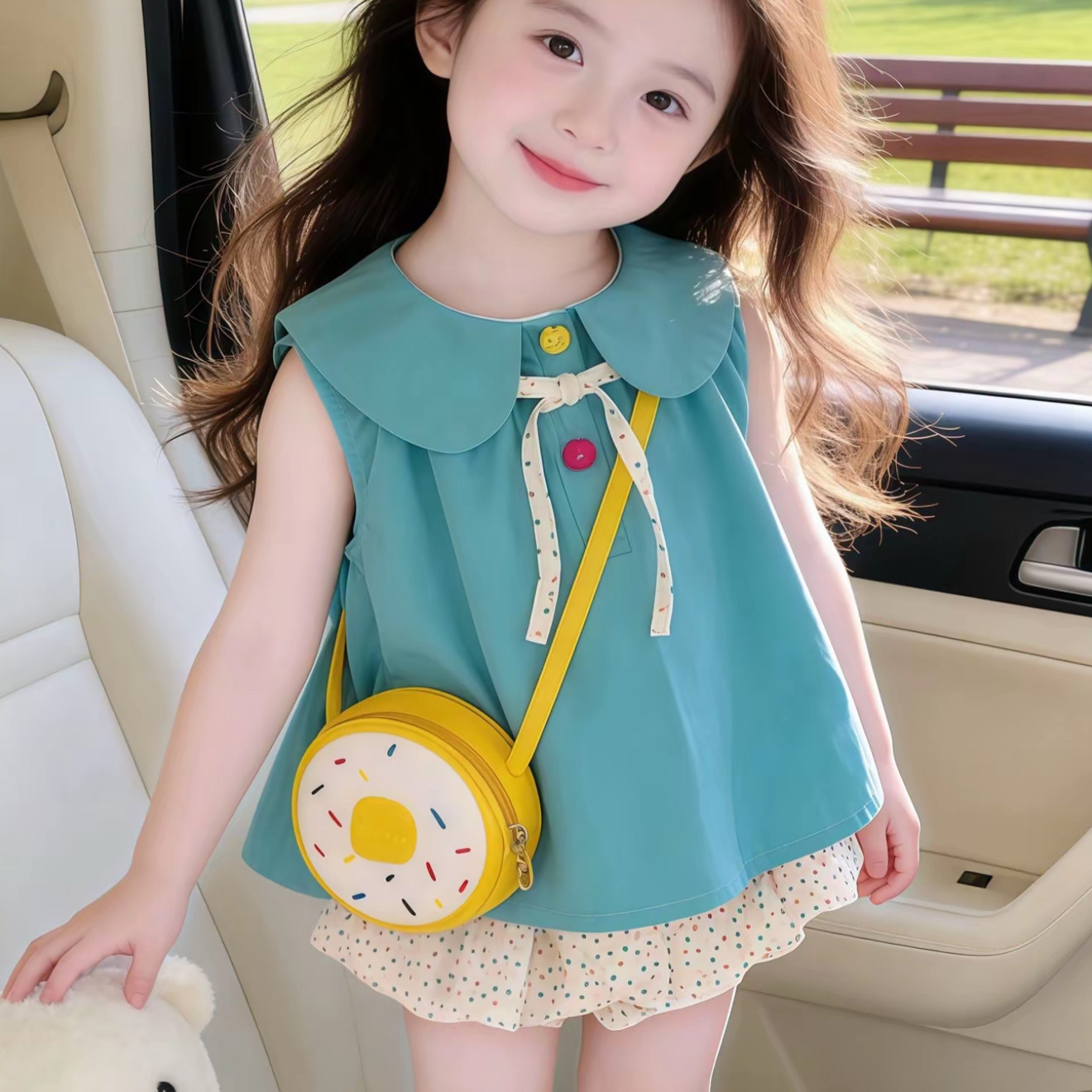 女童夏装娃娃衫无袖上衣26新款宝宝花苞波点短裤小女孩网红款夏装