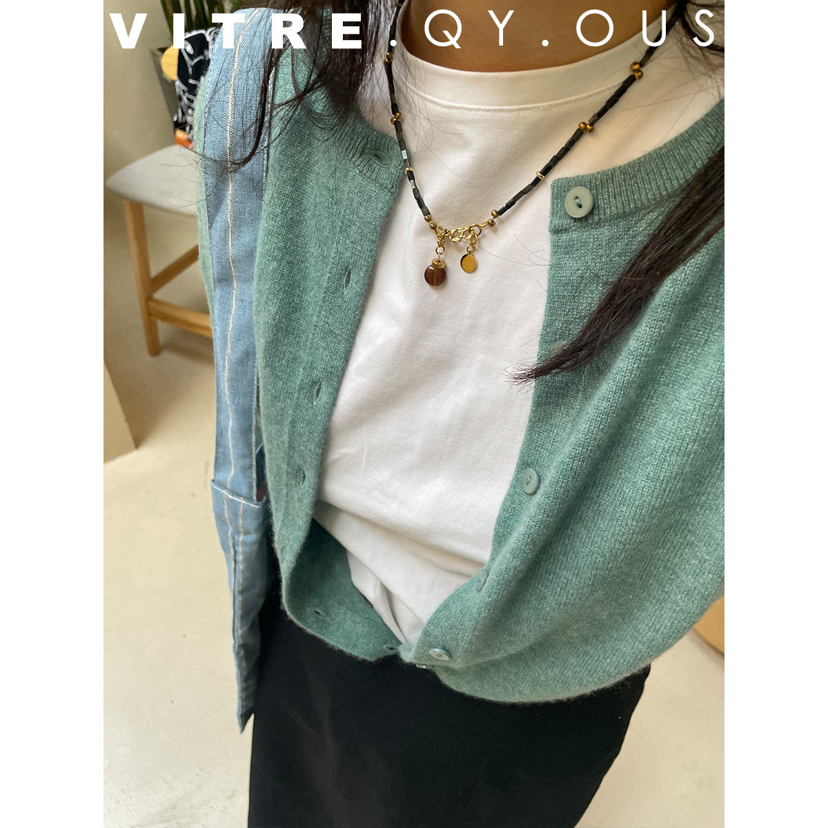 VITREQYOUS 天然墨绿玉石ins风猫眼石吊坠百搭细链项链