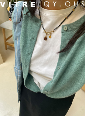 VITREQYOUS 天然墨绿玉石ins风猫眼石吊坠百搭细链项链