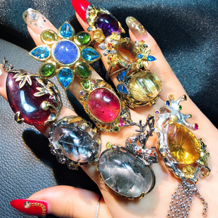 意大利工艺巴洛克珍珠紫水晶黄水晶海纹石钛晶托帕石彩宝欧泊戒指