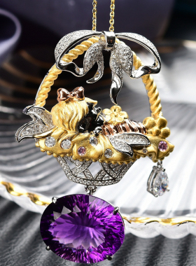 意大利工艺紫水晶吊坠挂坠分色925银镶天然巴西紫水晶千禧切割