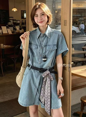 浅蓝色牛仔衬衫连体衣女2026夏新款高腰收腰短裤气质小个子连衣裙