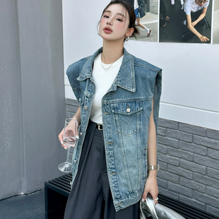 欧货蓝色牛仔马甲女2026春季新款背心外穿宽松显瘦立领坎肩外套潮