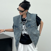 欧货蓝色垫肩牛仔马甲女2026春季 背心外穿显瘦立领坎肩外套潮 新款