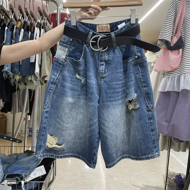 牛仔破洞五分裤女2026夏季新款高腰宽松显瘦直筒阔腿显瘦腰带中裤