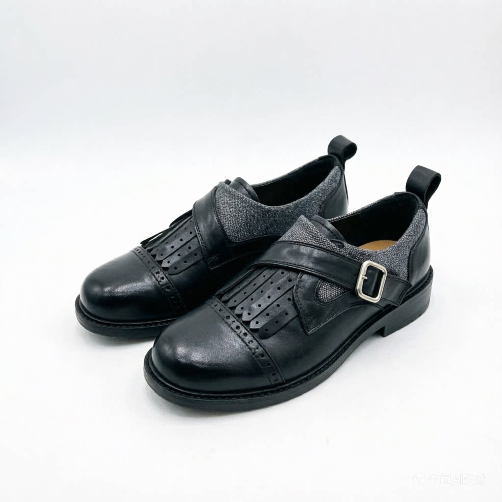 欧货羊皮乐福鞋女魔术贴低跟英伦风时尚小皮鞋百搭休闲真皮单鞋仙