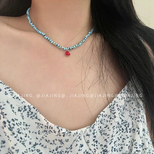 女 夏日新款 蓝色串珠项链红心小众锁骨链个性 设计感颈链ins风韩版