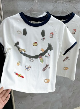欧洲站女装新款趣味小众卡通猫咪笑脸印花T恤甜酷短袖显瘦上衣潮