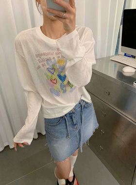 欧洲站女装新款甜美少女彩色爱心字母刺绣长袖T恤薄款防晒衫上衣
