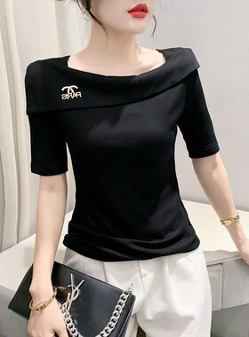 欧洲站女装新款短袖t恤修身方领拼接气质淑女翻领外穿小衫欧货潮