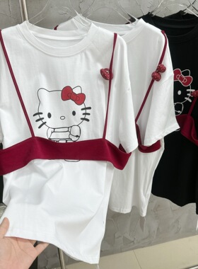 欧洲站女装新款别致小众设计卡通猫咪假两件短袖T恤宽松洋气上衣