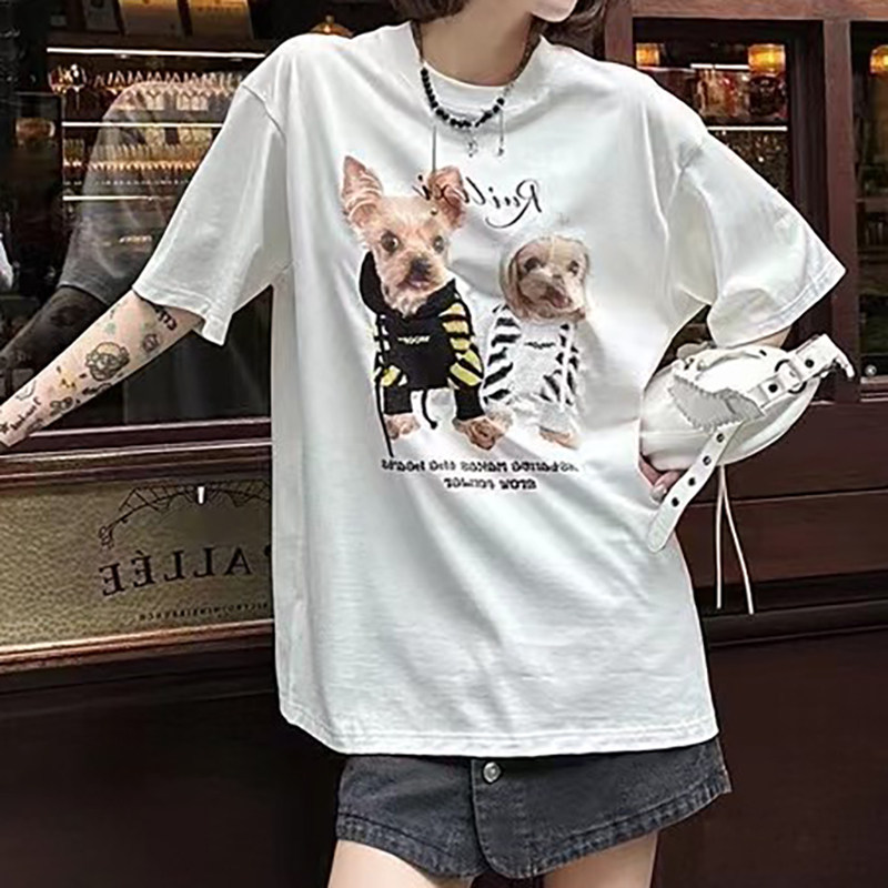 欧洲站女装新款字母印花卡通狗狗短袖T恤宽松显瘦百搭休闲上衣潮