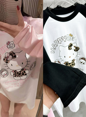 欧洲站女装新款设计小猫咪卡通印花减龄宽松休闲长袖T恤潮牌上衣