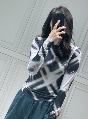 欧洲站女装sugi小众字母上衣t恤菱格印花修身内搭打底衫欧货ins潮