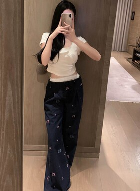 欧洲站女装新款时尚洋气可爱卡通猫咪刺绣蕾丝拼接牛仔裤直筒长裤