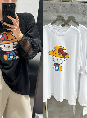 欧洲站女装新款休闲可爱猫猫卡通印花圆领宽松T恤男女款百搭上衣