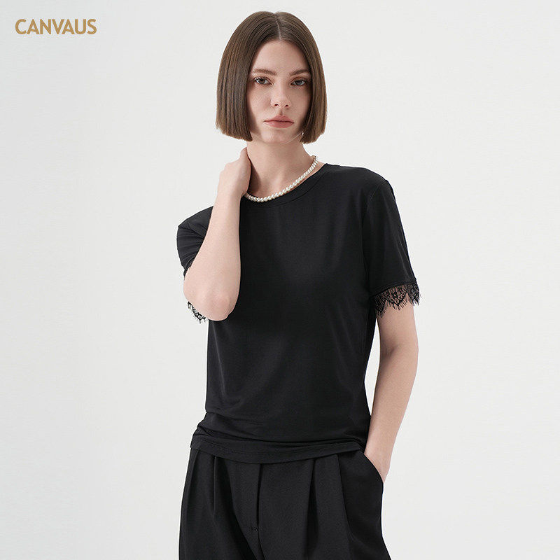 CANVAUS夏装2025新款 短袖蕾丝修身拼接袖口显瘦莫代尔圆领T恤女