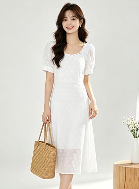 奥莱专柜撤柜正品南油N系列夏装新款波点泡泡袖V领珍珠装饰连衣裙