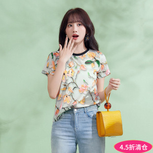 衬衫 Outlets专柜撤柜正品 拼色圆领印花套头短袖 2025新款 女 BZ夏装