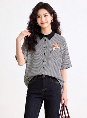 奥莱专柜正品 GQ夏装2026新款 可爱猫咪贴布条纹单排扣上衣衬衫女