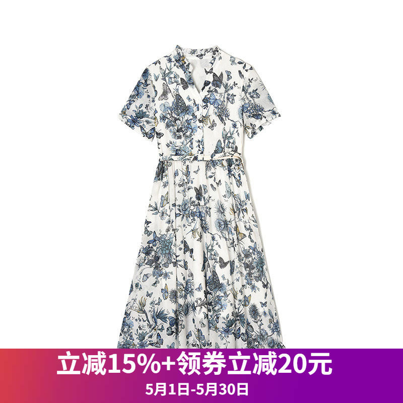 奥莱专柜品牌撤柜正品 BO夏装2026新款 法式蝴蝶印花可开扣连衣裙