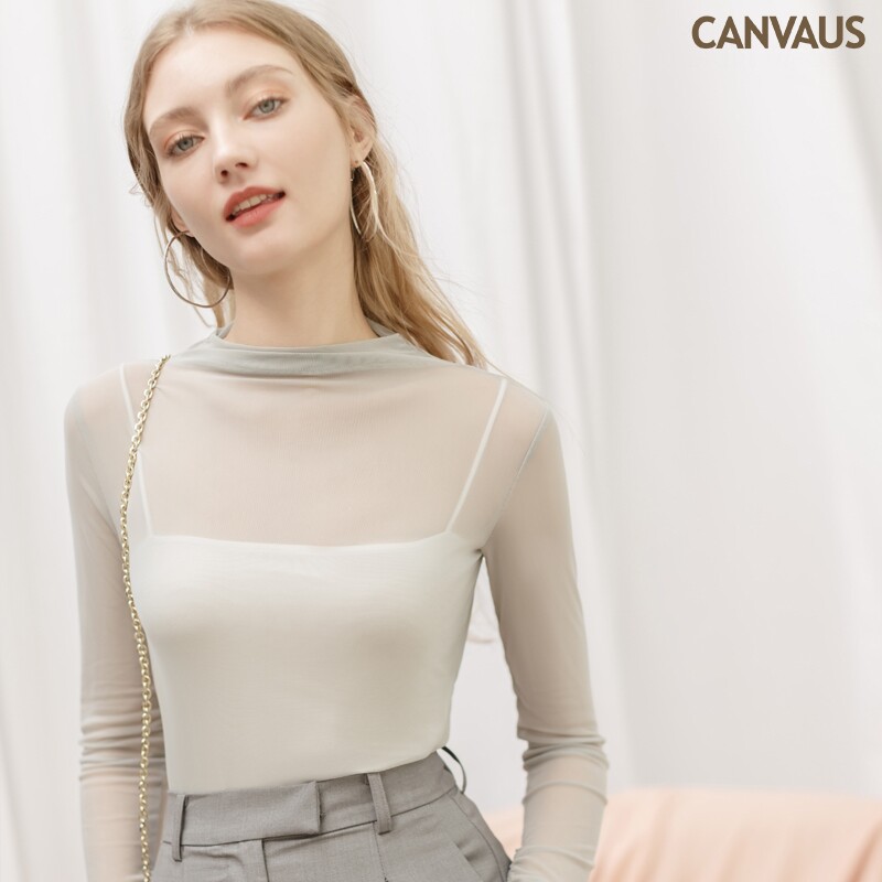 高端女装品牌折扣 CANVAUS夏装新款 网纱透视一字领长袖打底衫T恤