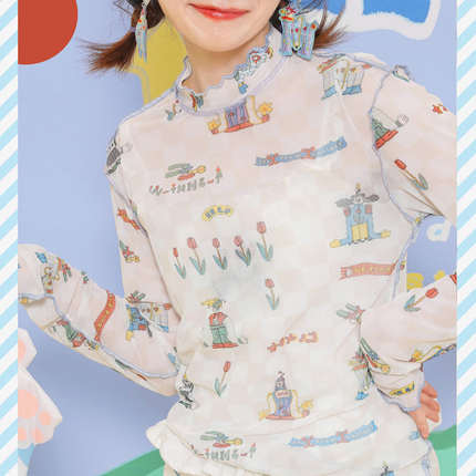 外星社2020夏季新款找系列满印插画弹力网纱打底衫内搭T恤女长袖