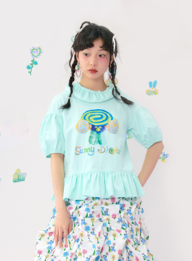 HELPHELP外星社薄荷绿泡泡袖短款彩色印花短袖夏日T恤