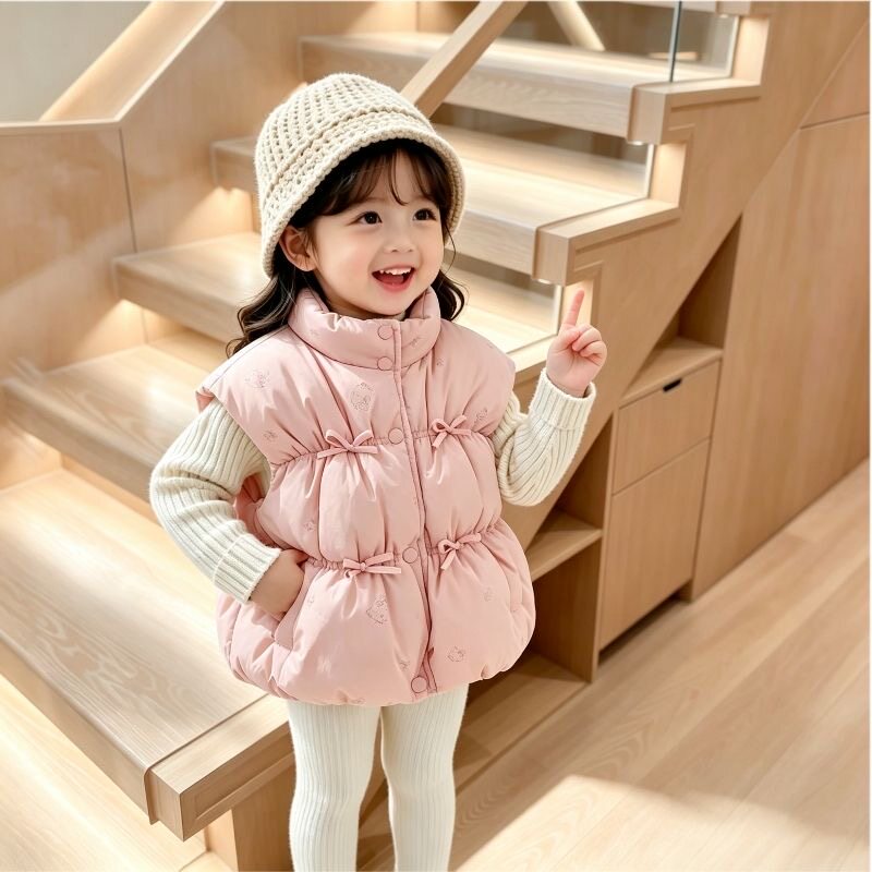 韩系女童加厚棉马甲宝宝幼童立领蝴蝶结棉背心宝宝秋冬百搭外穿