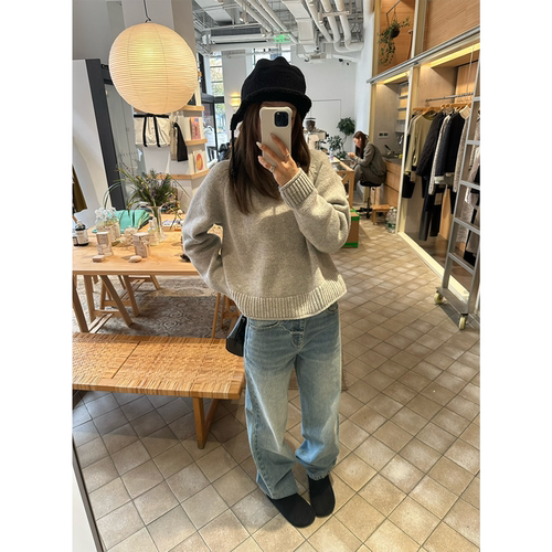 OPS LA MODE 12.14 20:00 小特别 浅米灰高领连帽套头全羊毛毛衣