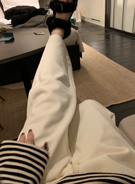 oops market/22FW 高克重加厚复合银狐绒卫裤高腰拖地白色阔腿裤