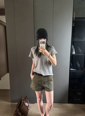 OPS LA MODE 复古重磅全棉做旧洗水大口袋军绿色工装短裤