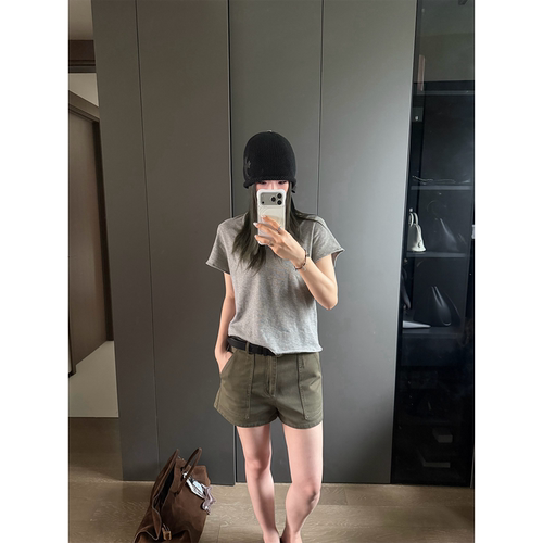 OPS LA MODE 复古重磅全棉做旧洗水大口袋军绿色工装短裤