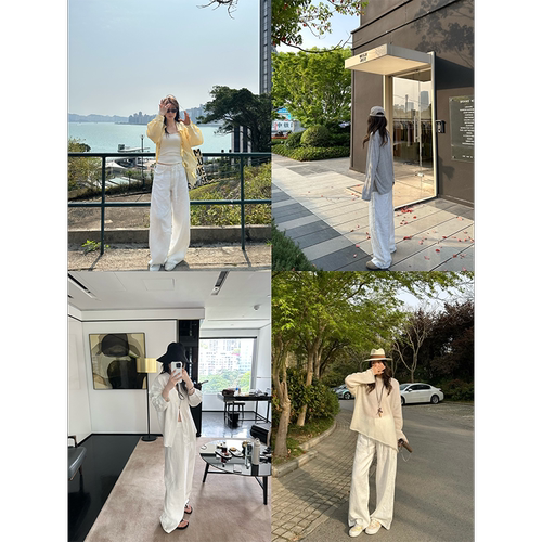 OPS LA MODE 天然氧吧穿身上 100亚麻松弛显瘦腿长抽绳阔腿休闲裤