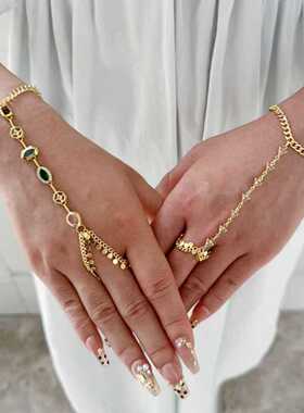 跨境时尚连指手链多功能一体潮流链条手背环彩钻流苏长款拼接手链