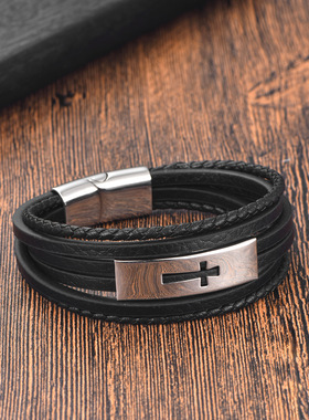跨境电商不锈钢设计十字架复古朋克多层编织个性简约皮手镯男手绳