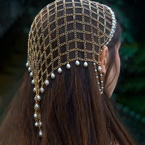 亚马逊热销珍珠发饰 气质水滴珠串网状头链时尚配饰女Hair chain