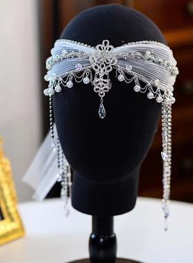 赫拉新款法式宫廷复古文艺白色水晶流苏发带新娘结婚婚纱头饰发饰