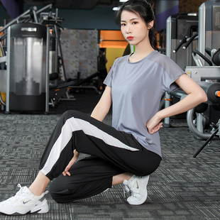 瑜伽二件套套装女夏季短袖跑步运动健身胖mm大码宽松速干休闲衣服