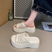 网红网型格厚底拖鞋 外穿室内防滑通用百搭高跟坡跟凉鞋 女夏季 时尚