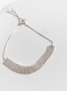 欧美时尚微镶锆钻高级质感小众设计轻奢闪钻抽拉链可调节纯铜手链