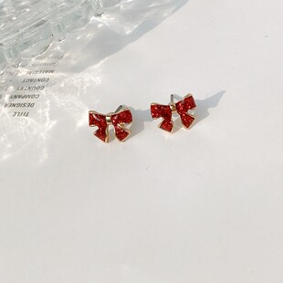 青岛欧美外贸饰品 喜庆红色滴油蝴蝶结耳钉女新年复古港风耳钉