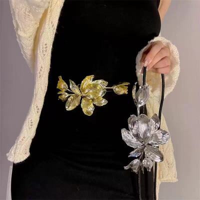 Golden Tulip Flower Belt Black Leather Rope Waist Chain 腰链