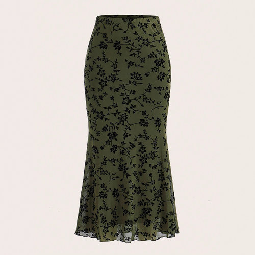 Dark green floral half skirt with fish tail 碎花半身鱼尾裙