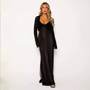 cardigan sexy long sleeved dress slit sunscreen neck Long