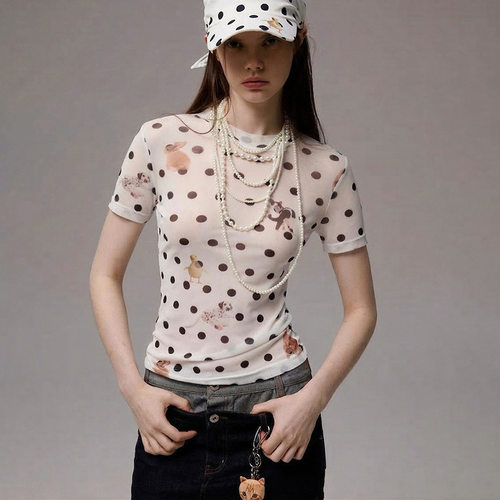 animal polka dot printed waist cinched short sleeved T-shirt