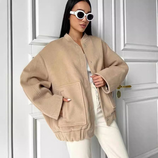 Loose stand casual pocket collar women large coat 外套 女式