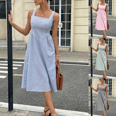 casual sleeveless camisole square neck striped long dress