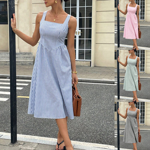 casual sleeveless camisole square neck striped long dress